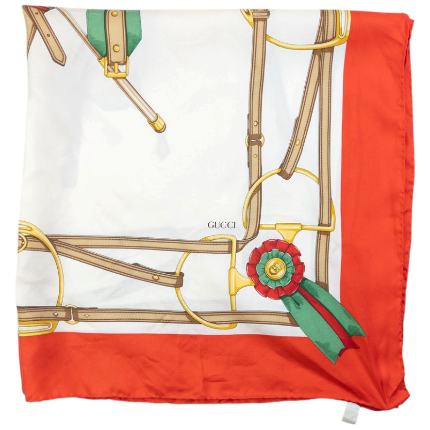 Vintage 80s Gucci Equestrian Horse Harness Print Silk Scarf