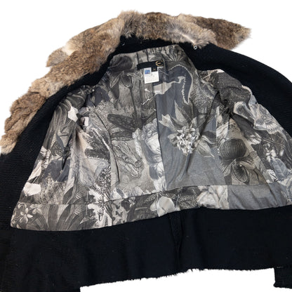 Vintage 2005 Cavalli Rabbit Fur Collar Asymmetrical Wool Jacket Womens Size L