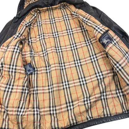 Vintage 90s Burberry Nova Check Lined Leather Duffle Jacket Size L