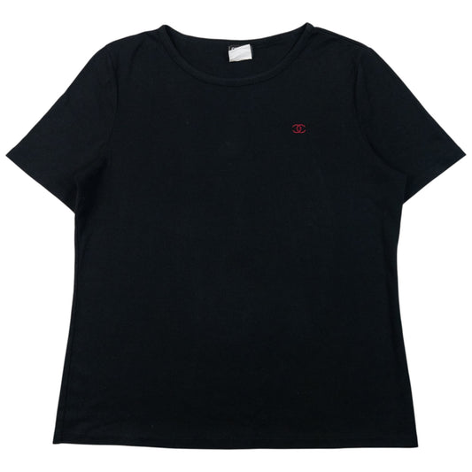 Vintage 2000s Chanel Uniform T Shirt in black, embroidered red logo detail