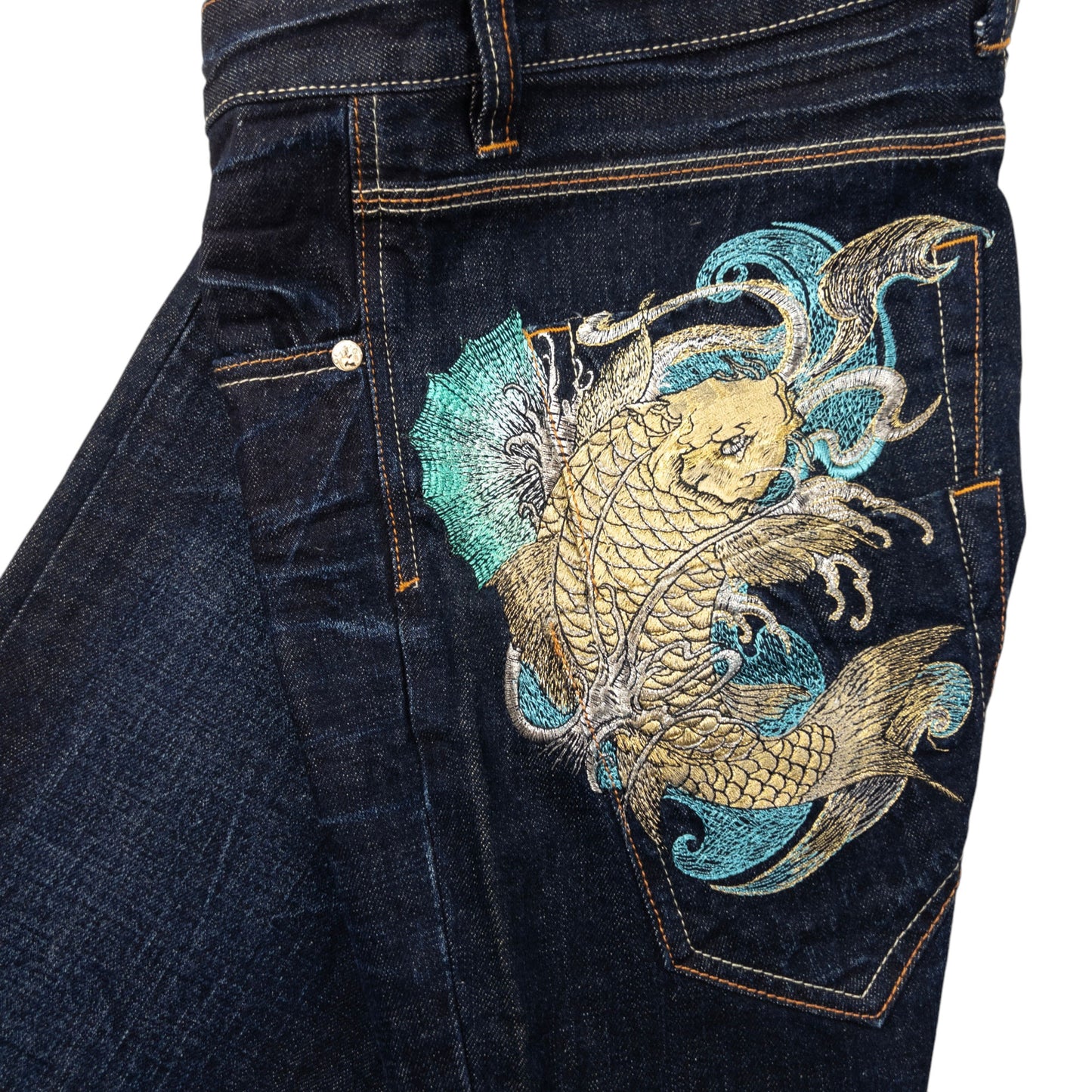 Vintage Big Train Embroidered Koi Fish Japanese Denim Jeans Size W32