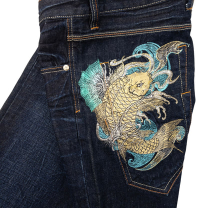 Vintage Big Train Embroidered Koi Fish Japanese Denim Jeans Size W32