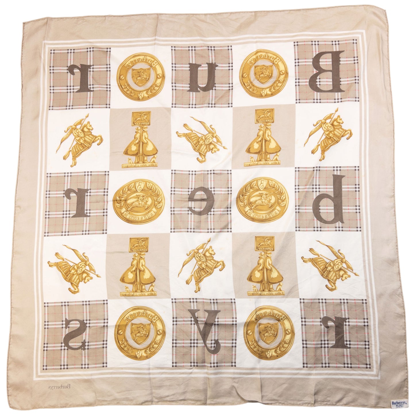 Vintage 90s Burberry Nova Check Gold Logo Print Silk Scarf