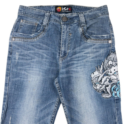 Vintage 2000s Jizo Bosatsu Embroidered Masked Troll Japanese Denim Jeans Size W29