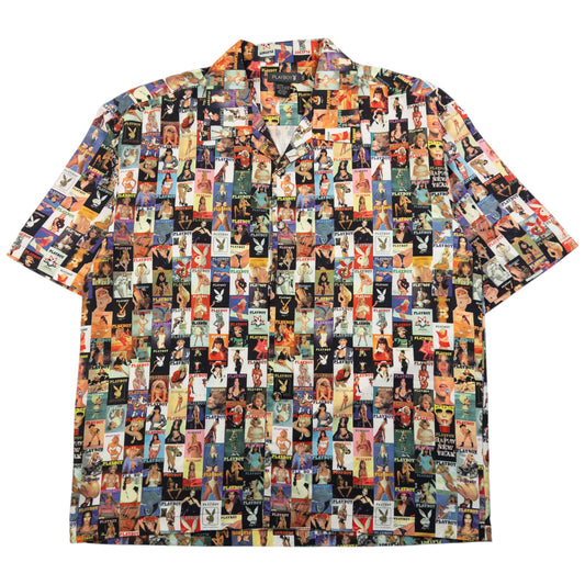 Vintage 90s Playboy Magazine Pattern Short Sleeve Button Up Shirt Size XL