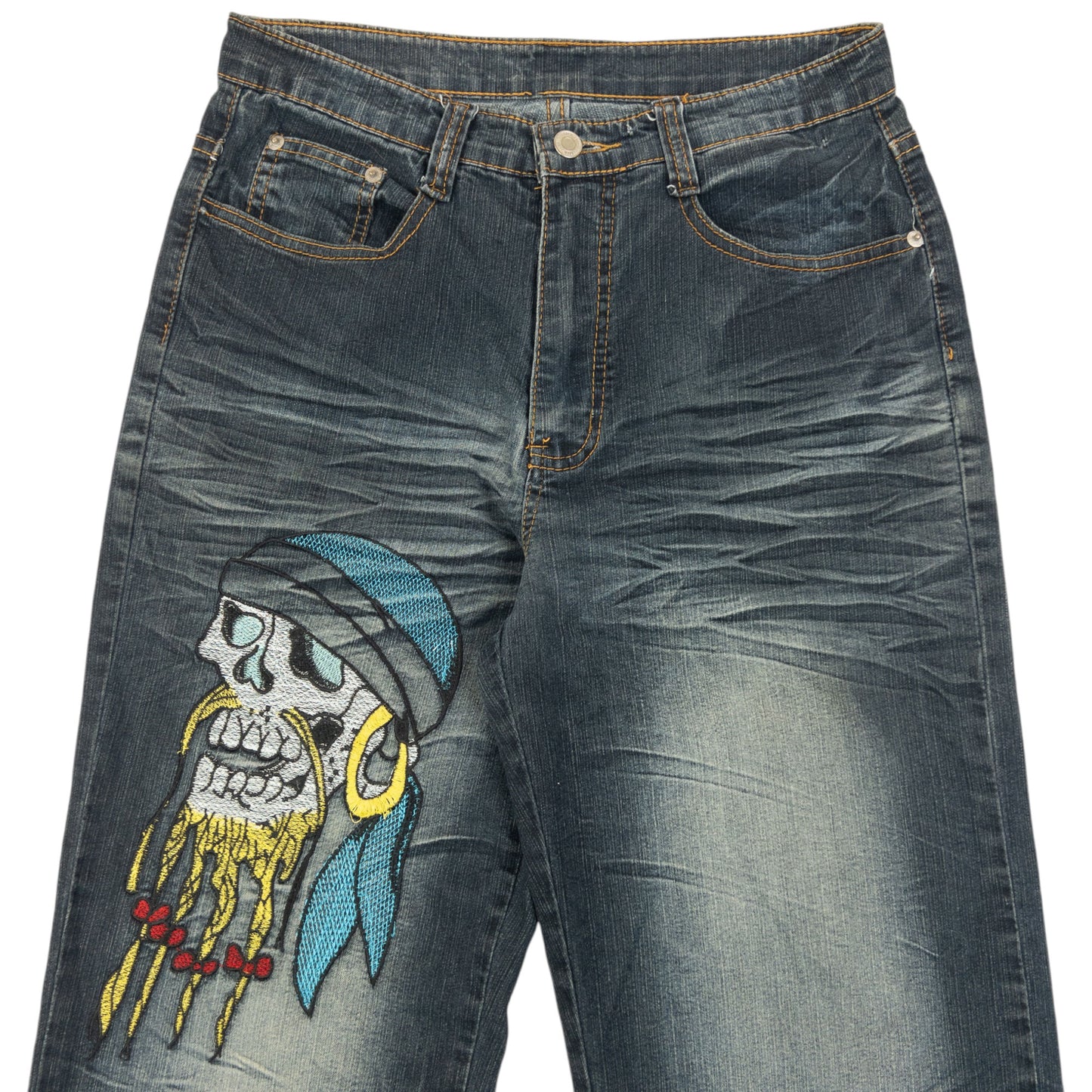 Vintage 2000s Embroidered Skull Pirate Japanese Denim Jeans Size W30