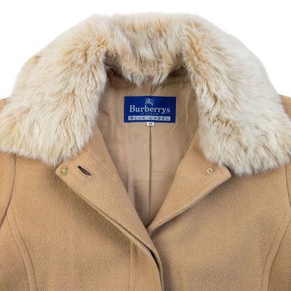 Vintage 90s Burberry Fur Collar Longline Wool Jacket Womens Size M