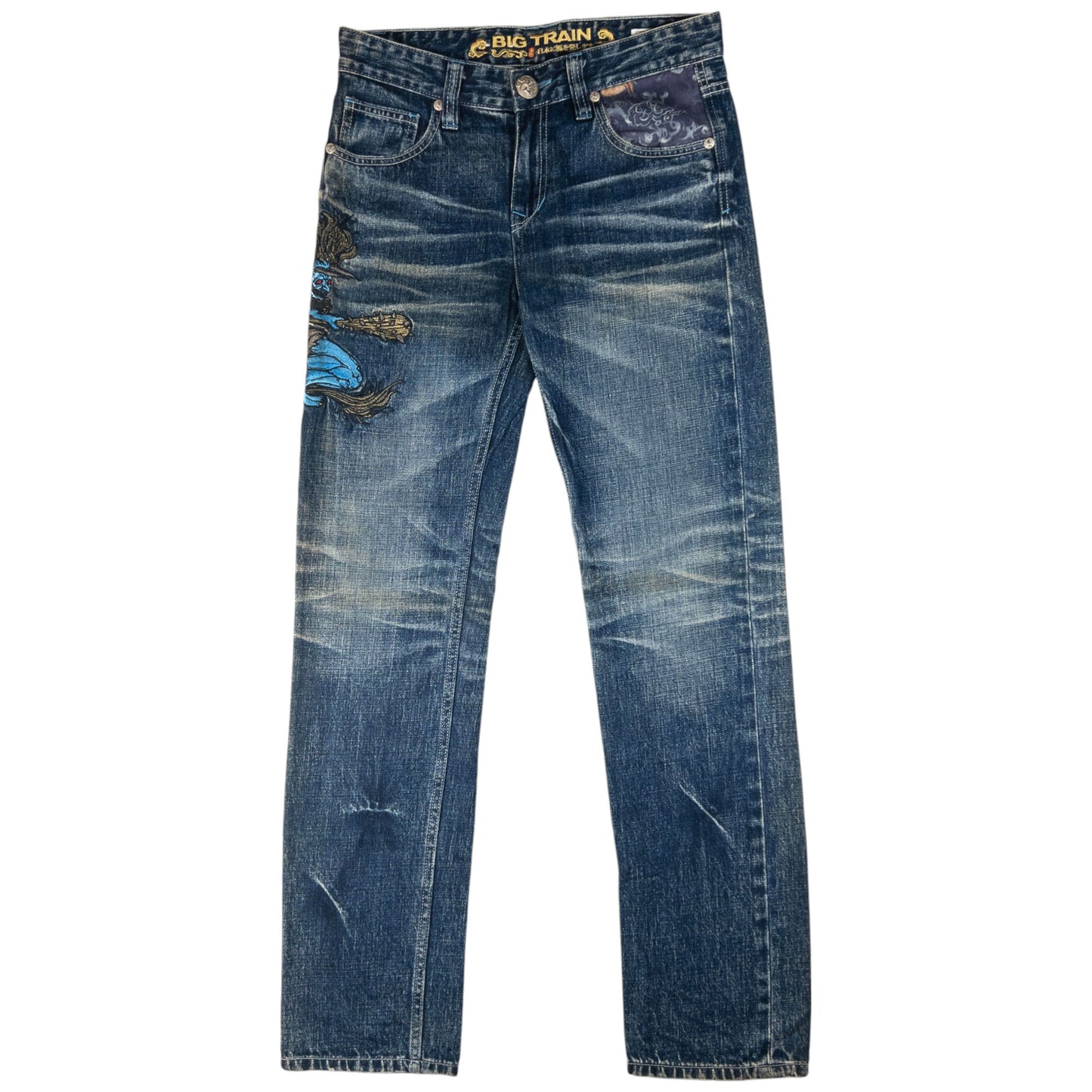 Vintage Big Train Embroidered Patchwork Japanese Denim Jeans Size W30