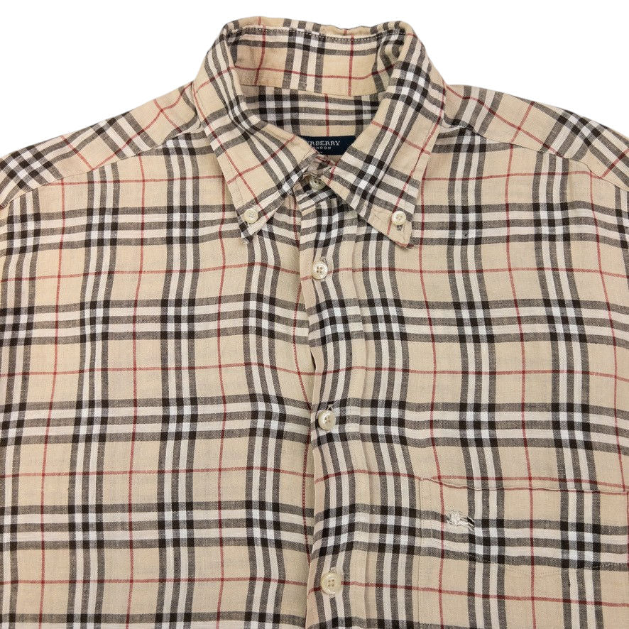 Vintage Burberry Linen Nova Check Long Sleeve Button Up Shirt Size L