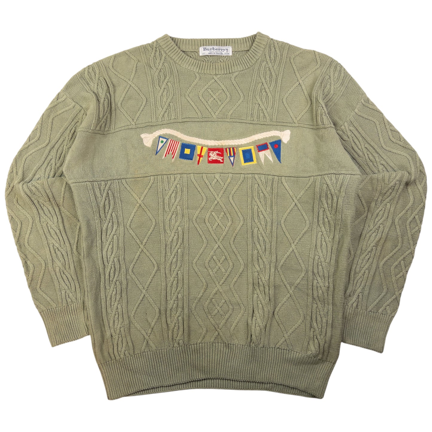 Vintage Burberry Embroidered Flag Cable Knit Jumper Size XL