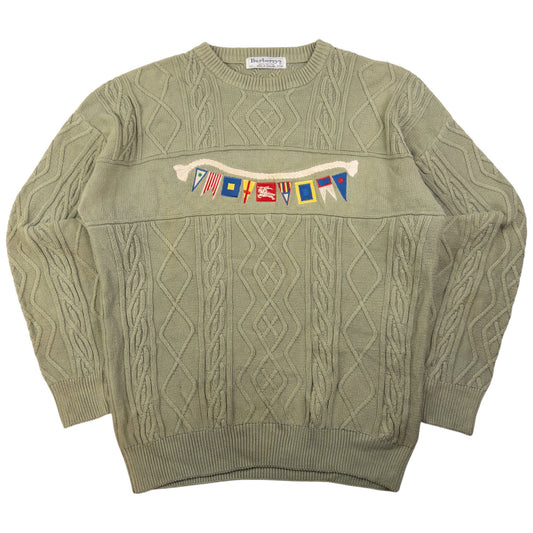 Vintage Burberry Embroidered Flag Cable Knit Jumper Size XL