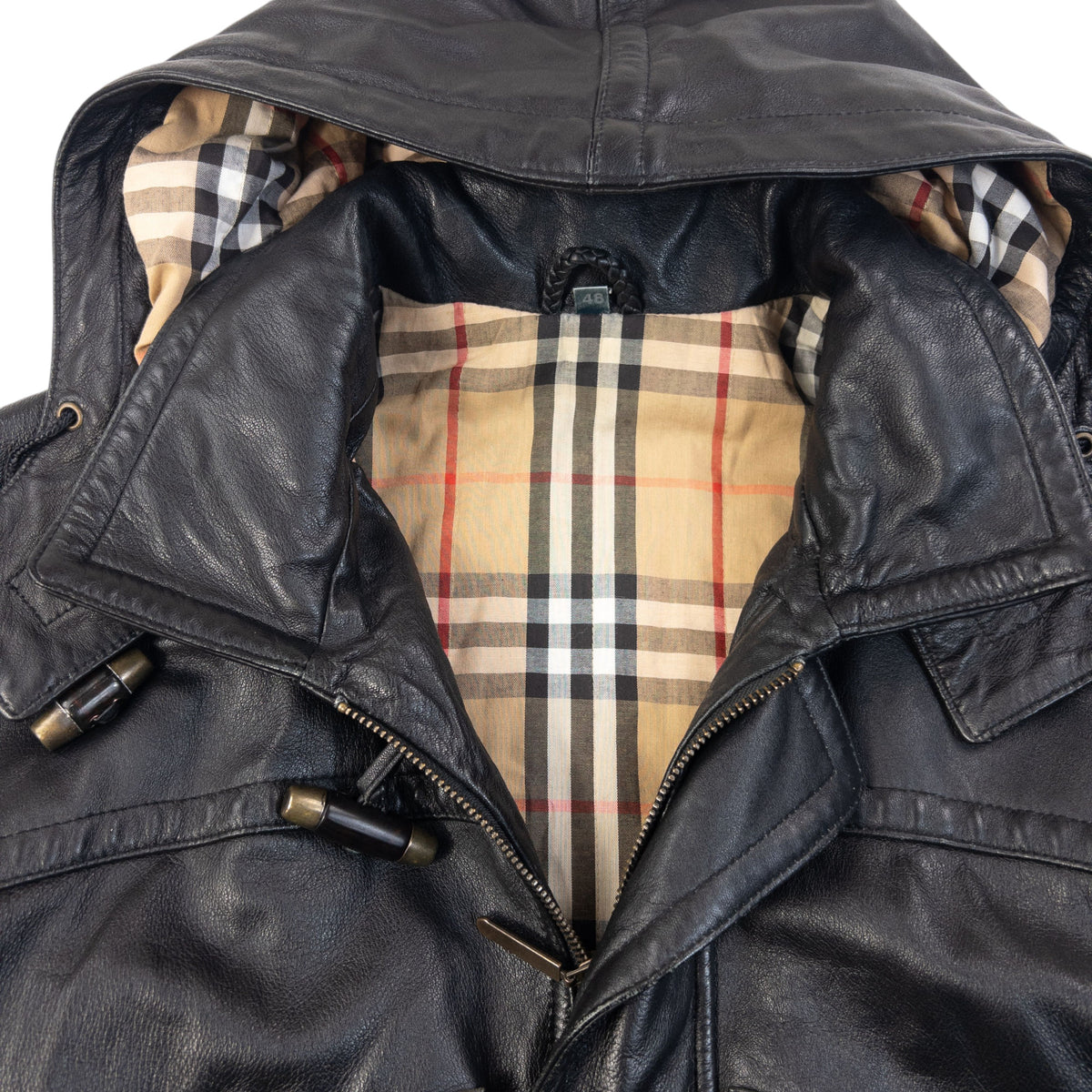 Vintage 90s Burberry Nova Check Lined Leather Duffle Jacket in black, photo 5