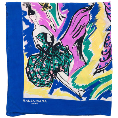 Vintage 90s Balenciaga Paris Musees Illustrated Silk Scarf in blue, photo 2