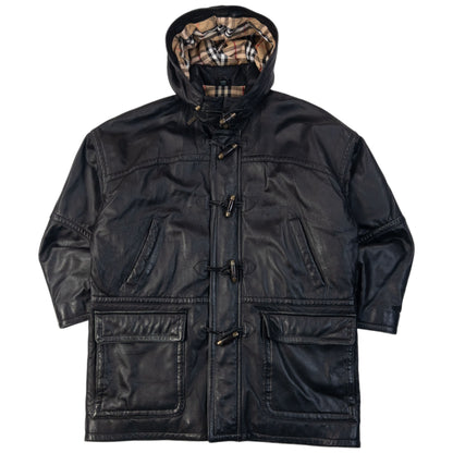 Vintage 90s Burberry Nova Check Lined Leather Duffle Jacket in black, toggle fastenings