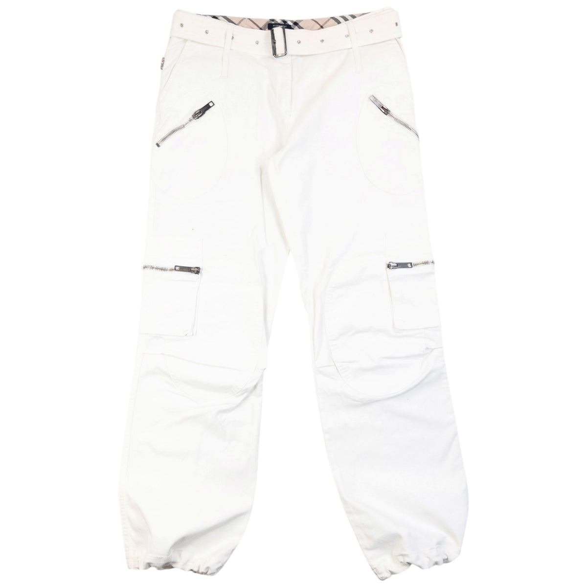 Vintage 2000s Burberry Belt Waist Cargo Trousers in white, embossed fastenings