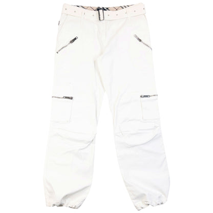 Vintage 2000s Burberry Belt Waist Cargo Trousers in white, embossed fastenings