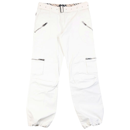 Vintage 2000s Burberry Belt Waist Cargo Trousers in white, embossed fastenings