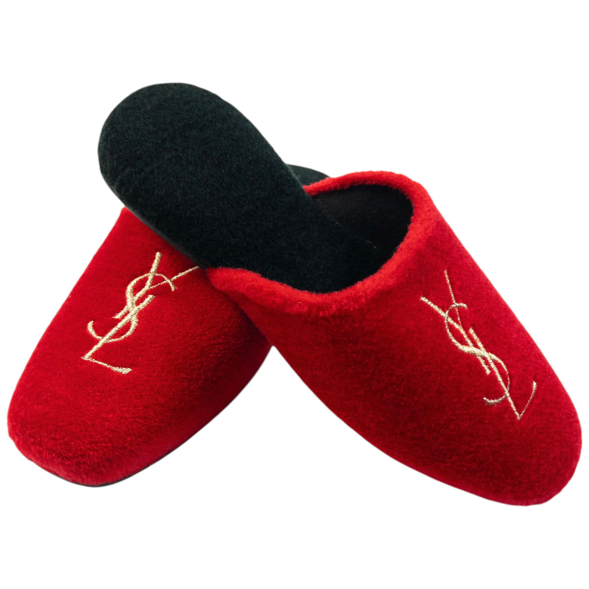 Vintage 80s YSL Yves Saint Laurent Embroidered Fleece Slippers Womens Size 6