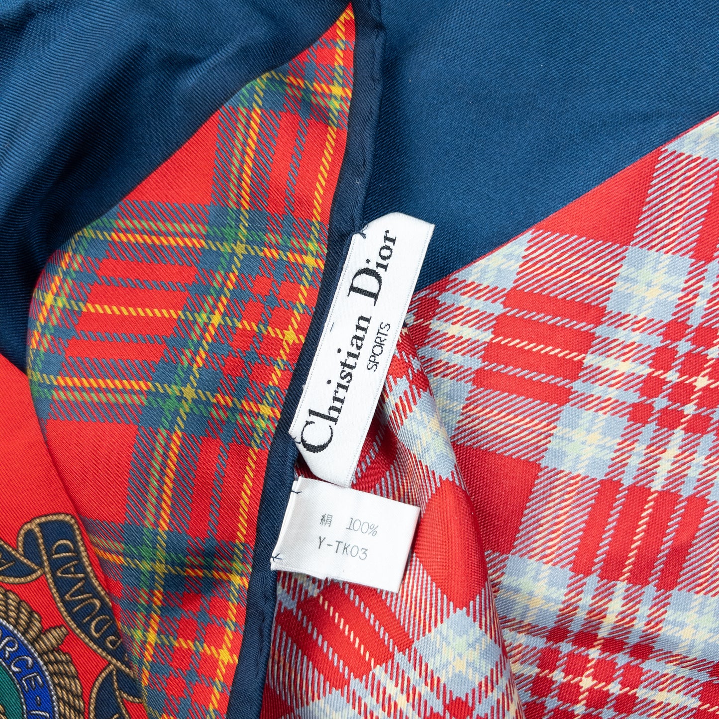 Vintage 90s Dior Tartan Badge Print Silk Scarf