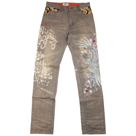 Vintage Kara Kuri Tamashii Embroidered Patchwork Japanese Denim Jeans Size W31