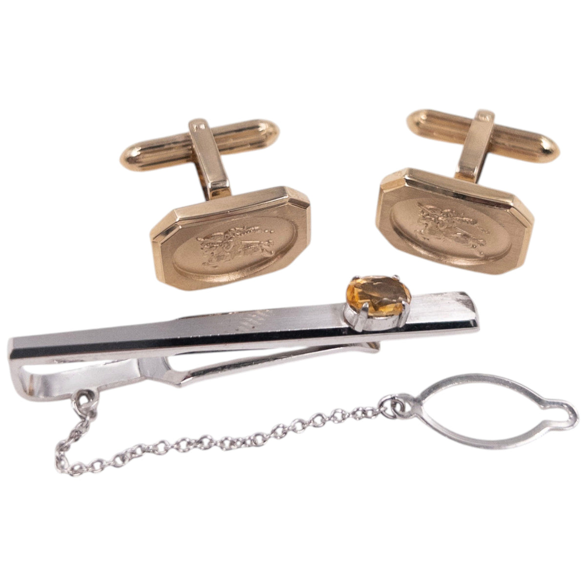 Vintage 90s Burberry Embossed Cufflinks & Gem Tie Clip Set
