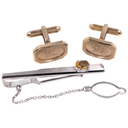 Vintage 90s Burberry Embossed Cufflinks & Gem Tie Clip Set