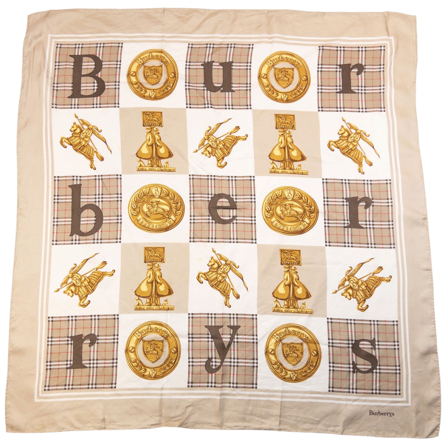Vintage 90s Burberry Nova Check Gold Logo Print Silk Scarf