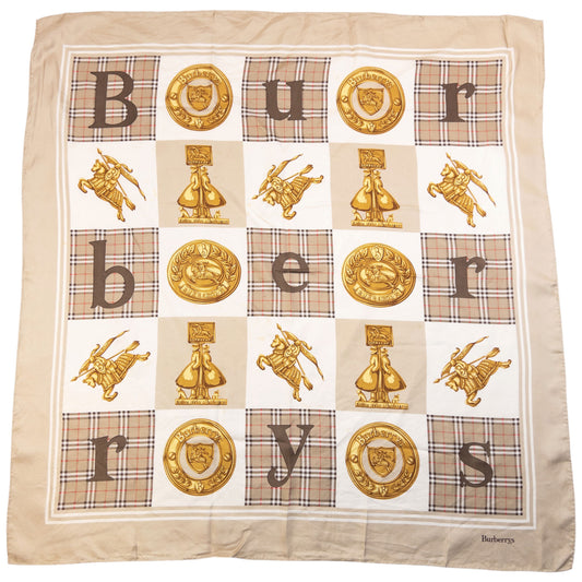 Vintage 90s Burberry Nova Check Gold Logo Print Silk Scarf