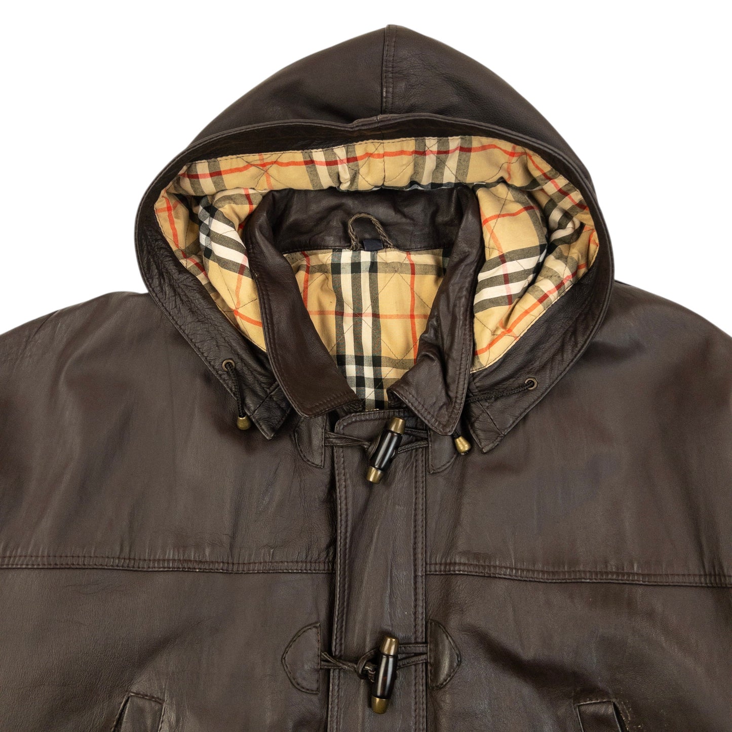 Vintage 90s Burberry Nova Check Lined Leather Duffle Jacket Size XL