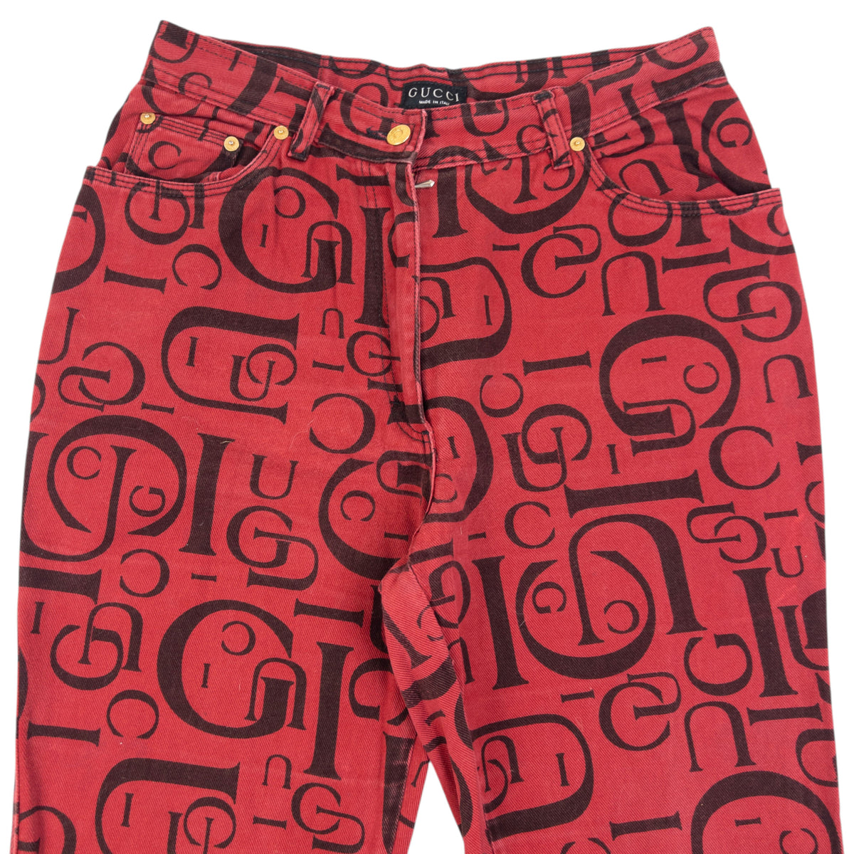 Vintage 90s Gucci Monogram Denim Jeans in red, photo 2