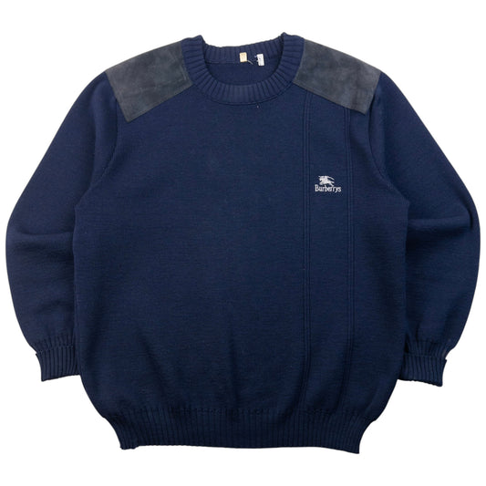 Vintage 90s Burberry Suede Patch Wool Jumper Size L