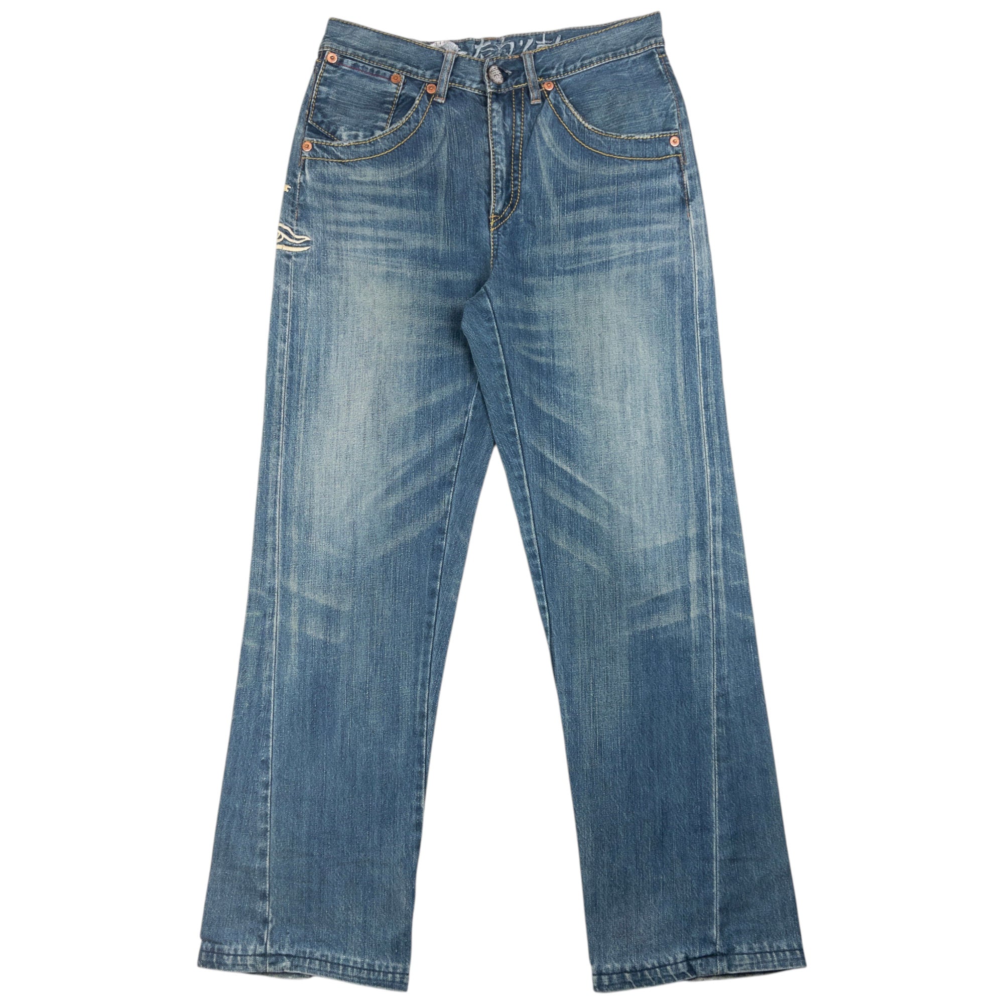 Vintage Big Train Embroidered Mountain Japanese Denim Jeans Size W32