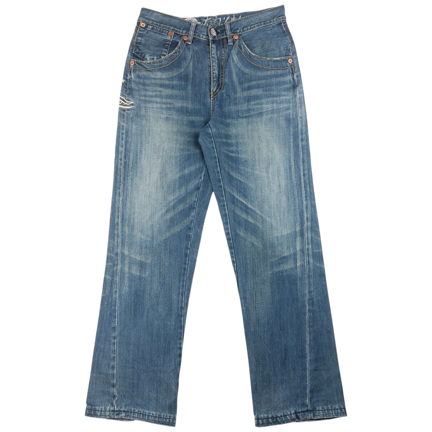 Vintage Big Train Embroidered Mountain Japanese Denim Jeans Size W32