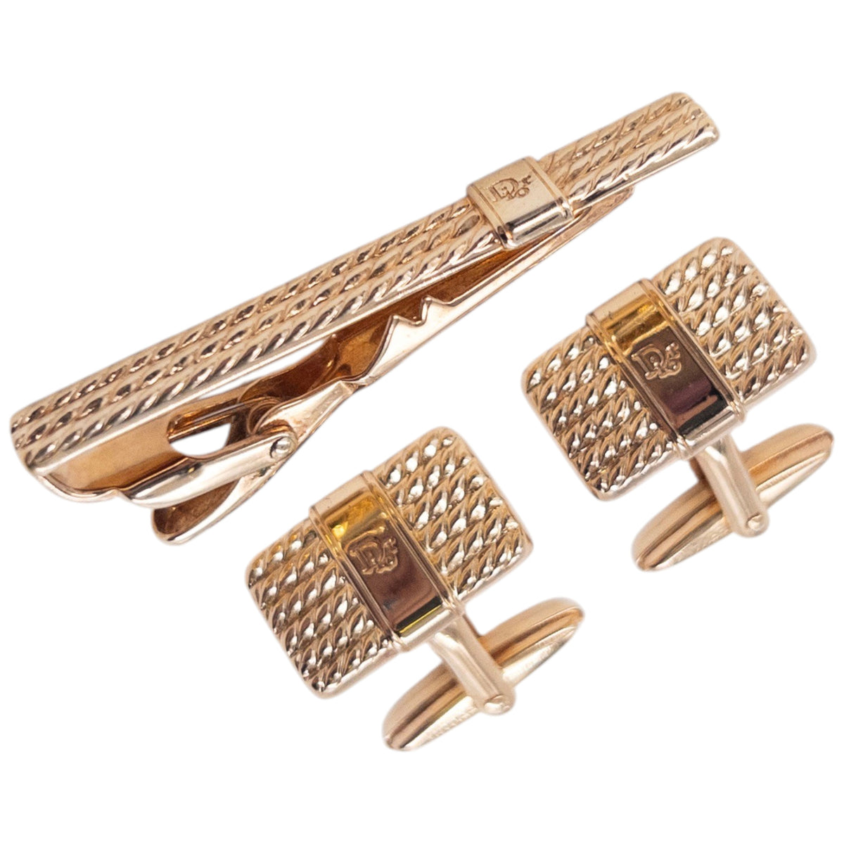 Vintage 90s Dior Embossed Tie Clip & Cufflinks