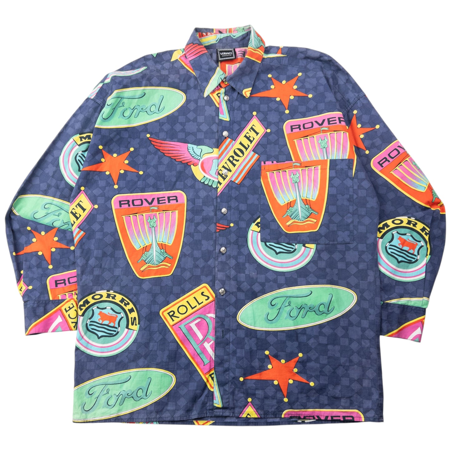 Vintage 90s Versace Jeans Couture Car Rolls Royce Pattern Button Up Shirt Size XL