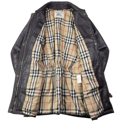 Vintage 80s Burberry Nova Check Lined Leather Jacket Womens Size XL