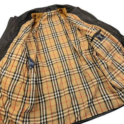 Vintage 90s Burberry Nova Check Lined Leather Jacket Size XL