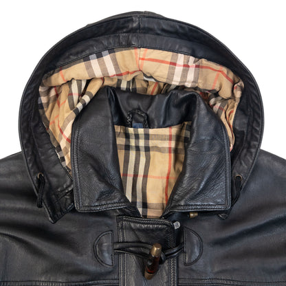 Vintage 90s Burberry Nova Check Lined Leather Duffle Jacket Size L