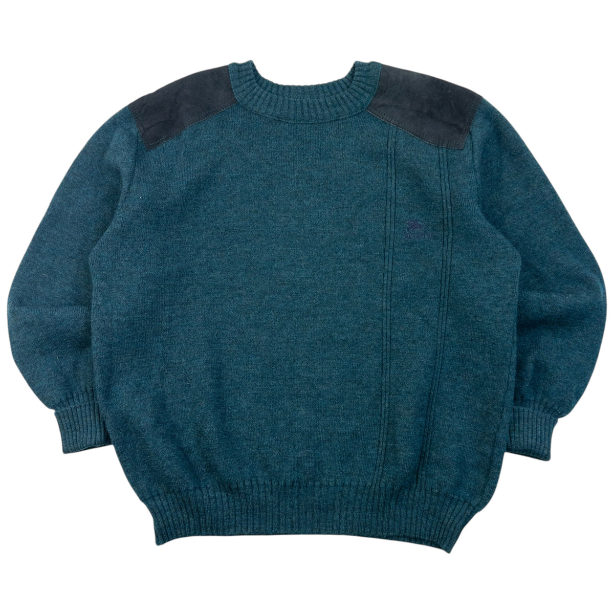 Vintage 90s Burberry Suede Patch Wool Jumper in blue, suede elbow and shoulder patches