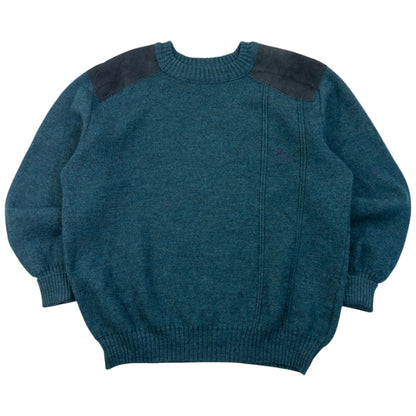 Vintage 90s Burberry Suede Patch Wool Jumper in blue, suede elbow and shoulder patches