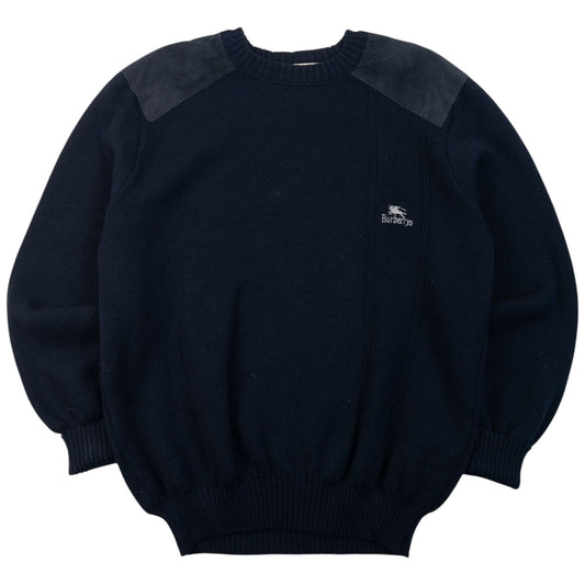 Vintage 90s Burberry Suede Patch Wool Jumper Size L