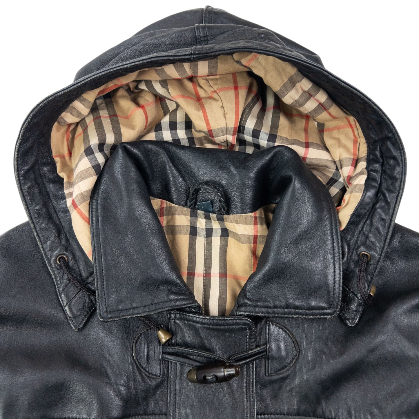 Vintage 2000s Burberry Nova Check Lined Leather Duffle Jacket Size XL