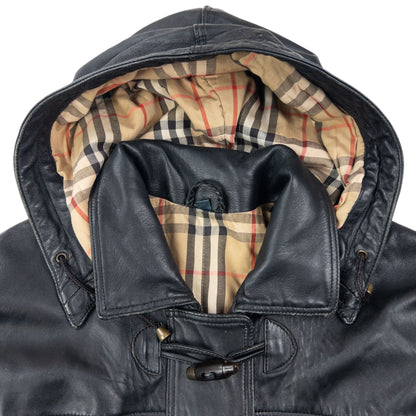 Vintage 2000s Burberry Nova Check Lined Leather Duffle Jacket Size XL