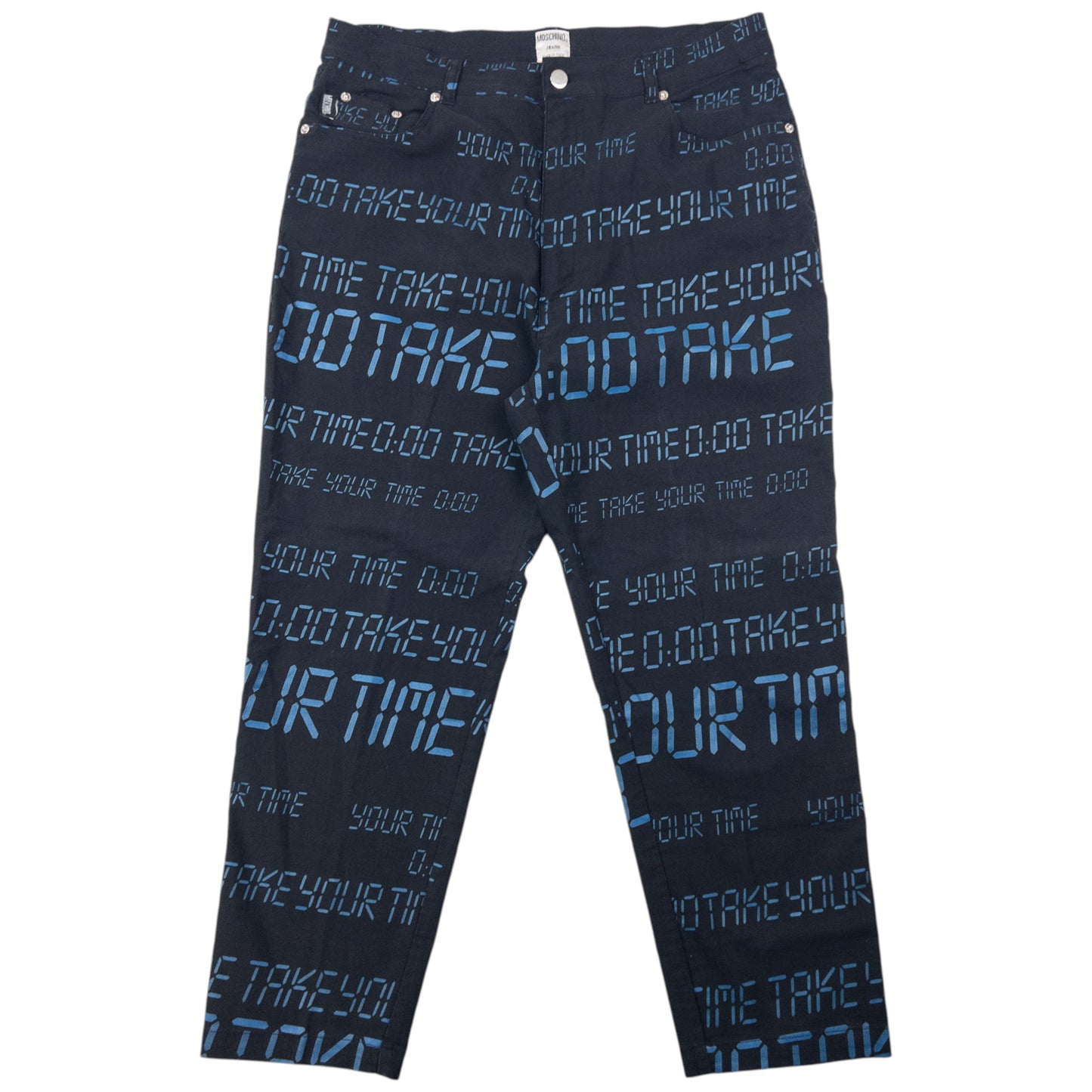 Vintage 2000s Moschino Jeans Take Your Time Digital Monogram Trousers Size W36