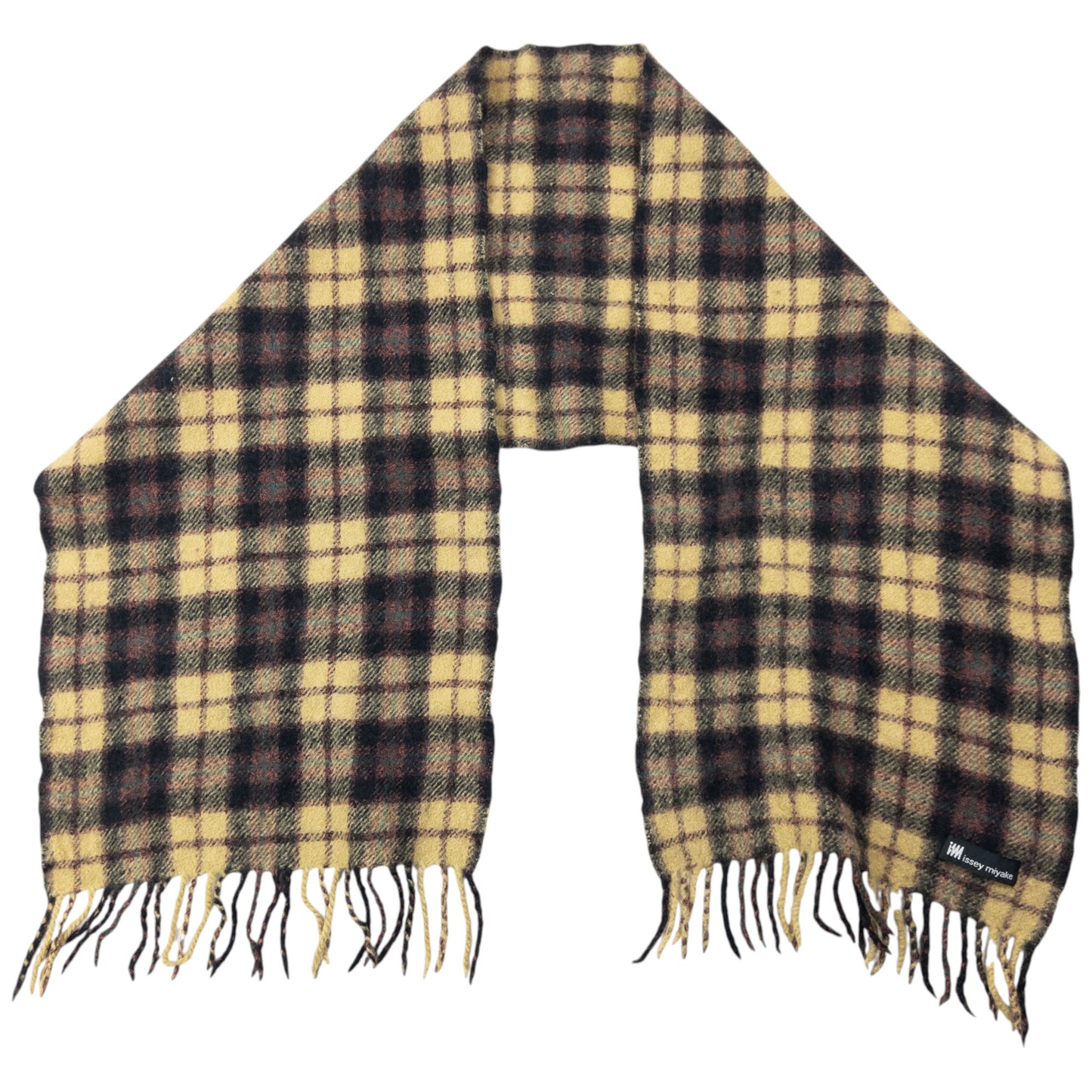 Vintage 2000s Issey Miyake Checkered Wool Tassel Scarf