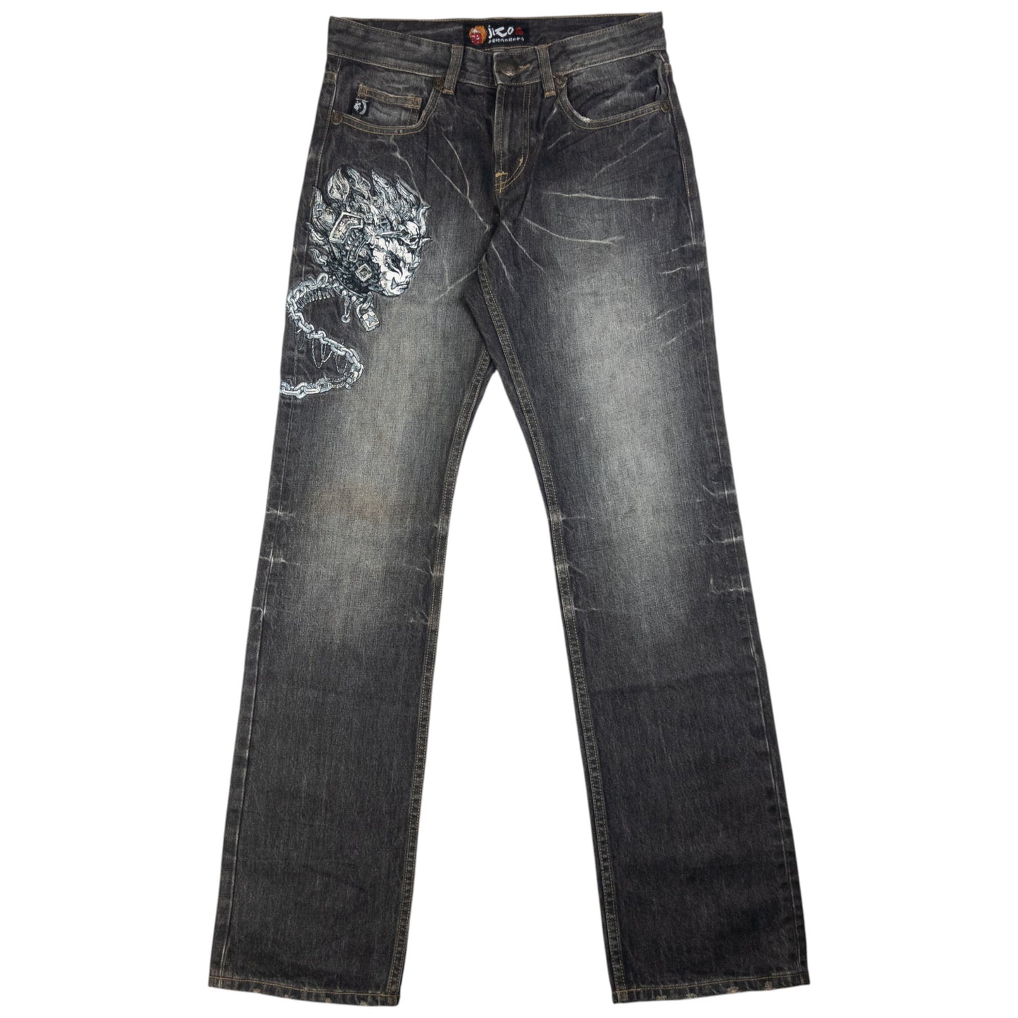 Vintage Jizo Bosatsu Embroidered Troll Skull Japanese Denim Jeans Size W30