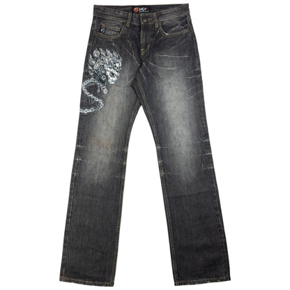Vintage Jizo Bosatsu Embroidered Troll Skull Japanese Denim Jeans Size W30