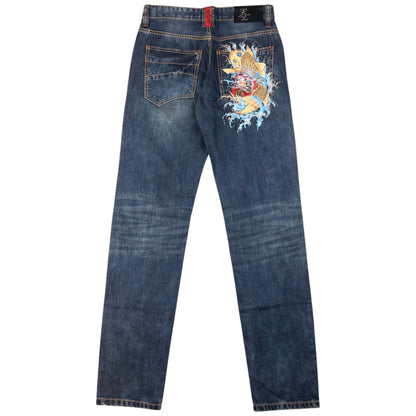 Vintage Big Train Embroidered Koi Fish Japanese Denim Jeans Size W29