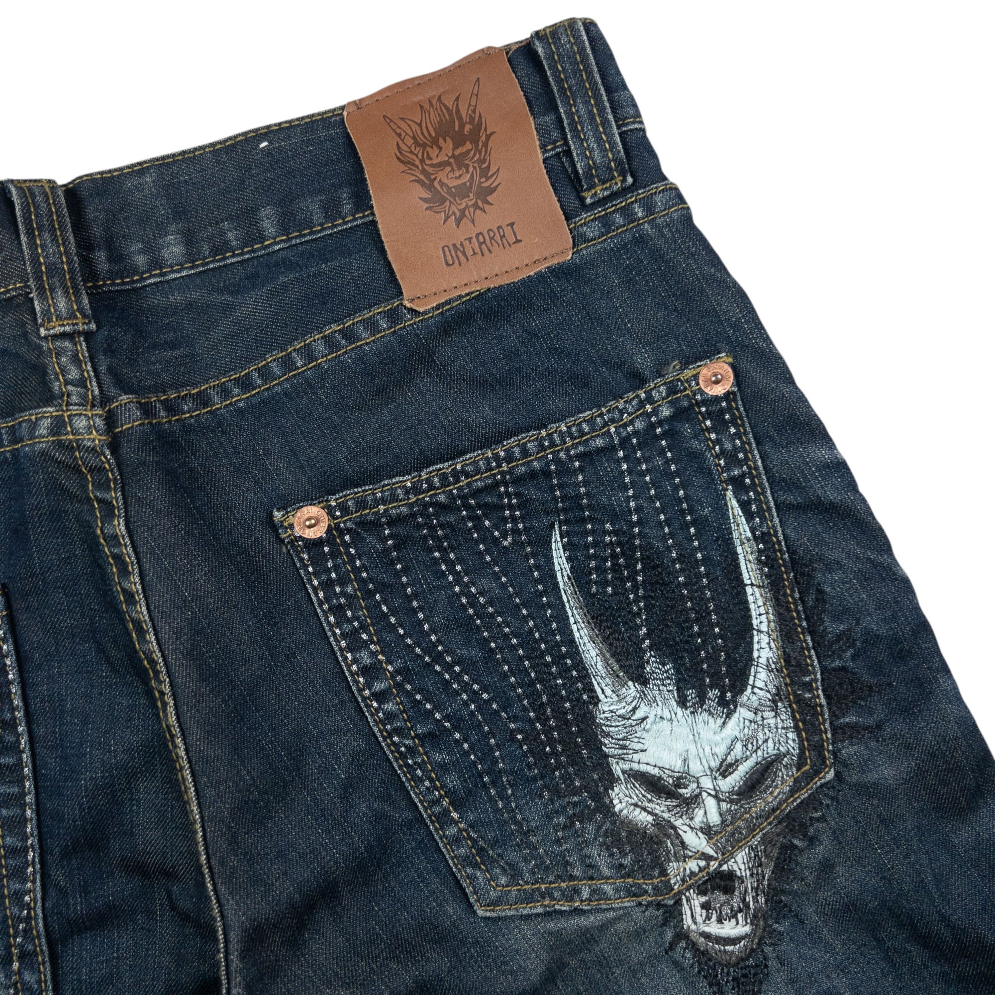 Vintage Oniarai Embroidered Monster Japanese Denim Jeans Size W32