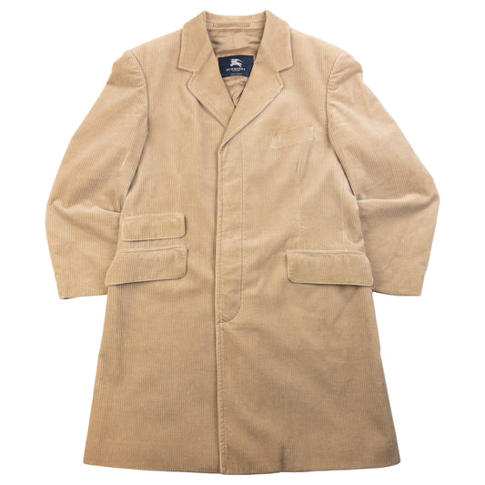 Burberry beige corduroy longline jacket notched lapel collar and three front pockets detail